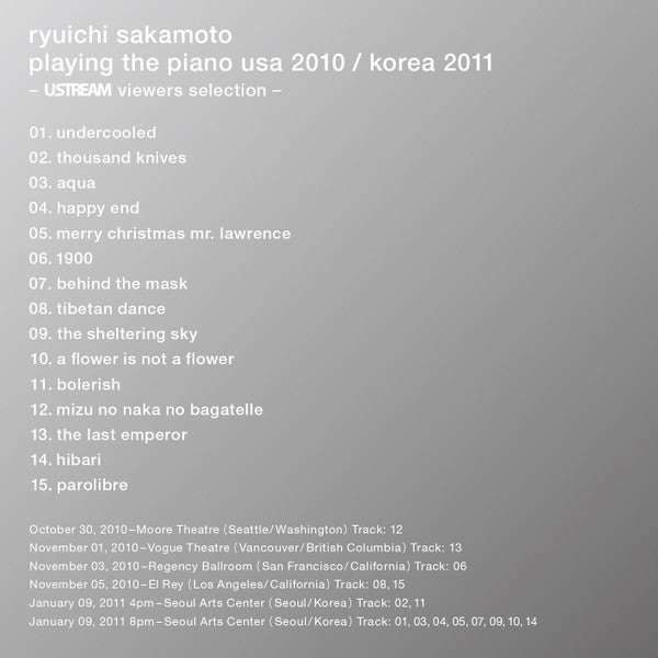 SAKAMOTO, RYUICHI - PLAYING THE PIANO USA 2010 / KOREA 2011 - CD