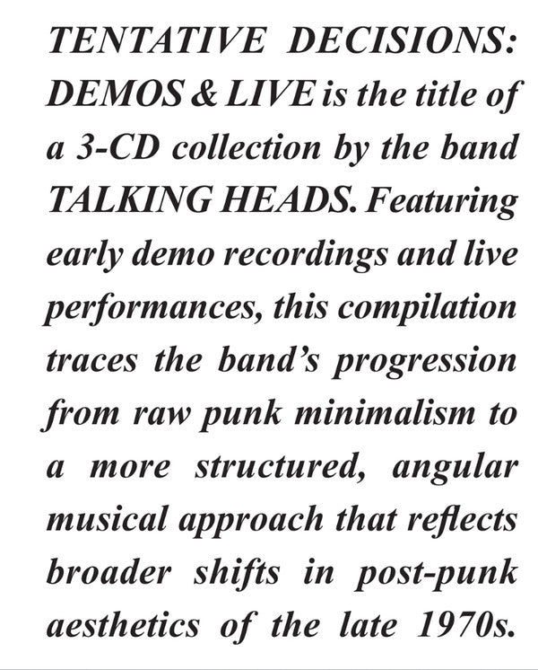 TALKING HEADS - TENTATIVE DECISIONS : 3CD SET - CD