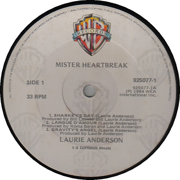 ANDERSON, LAURIE - MISTER HEARTBREAK (EURO PRESS) - LP